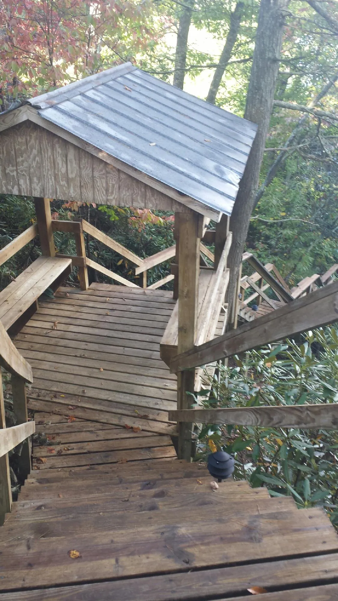 Metal roofed shelter over wooden steps on a wooded walkway — Skylight Repair & Installation work by our crew in Lakewood